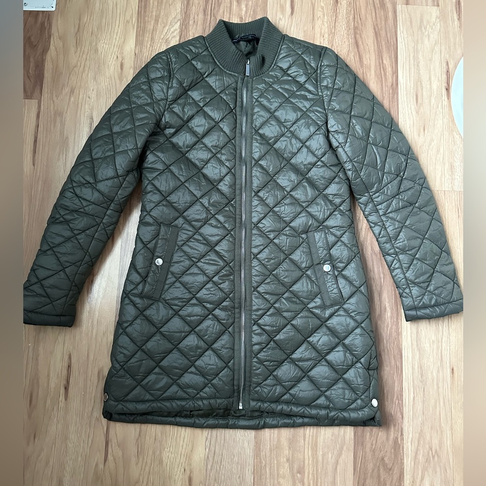 French Connection Olive Quilted Long Puffer Jacket